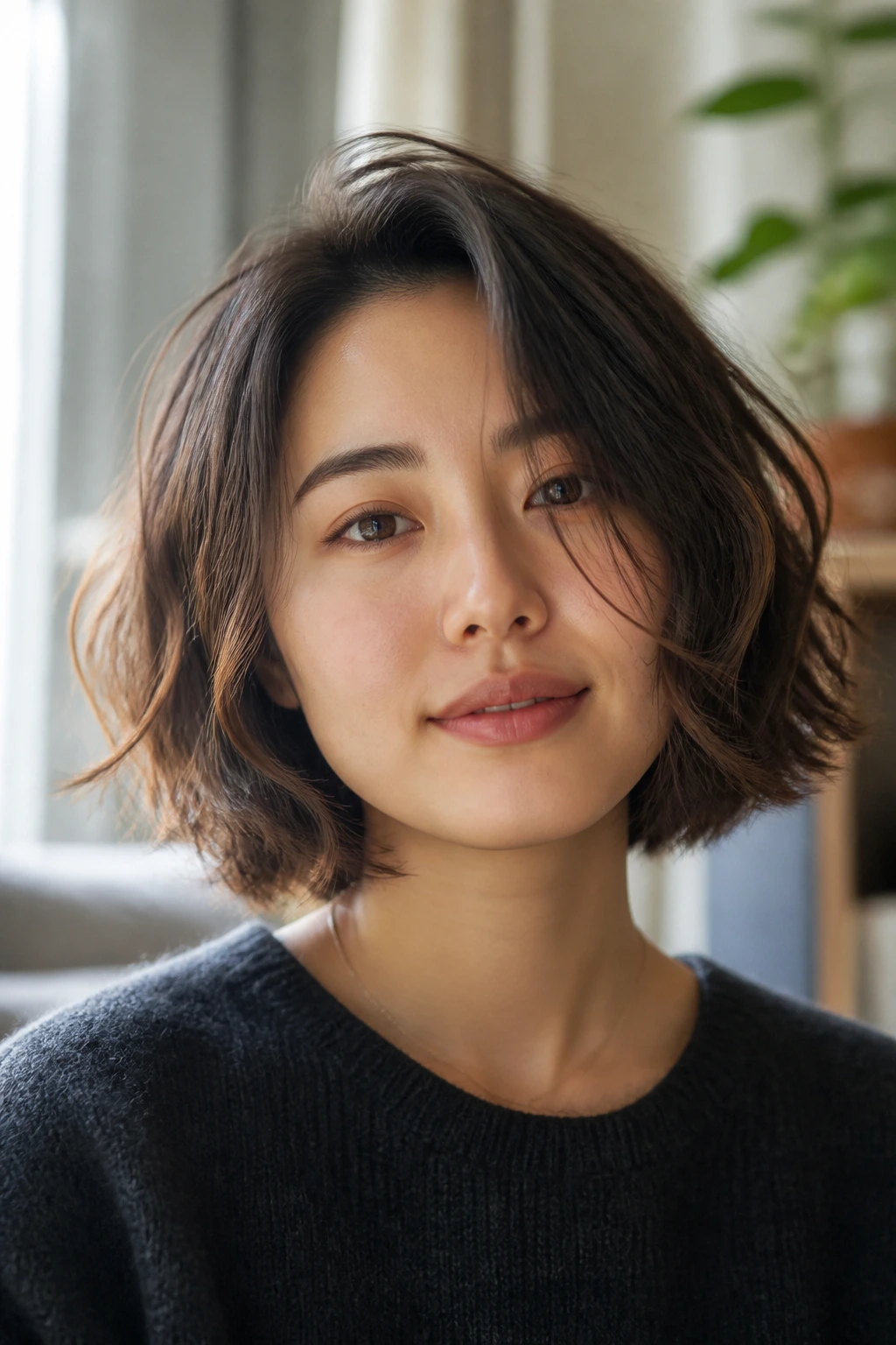 Real woman with a wavy bob styled to follow the wave, looking relaxed.