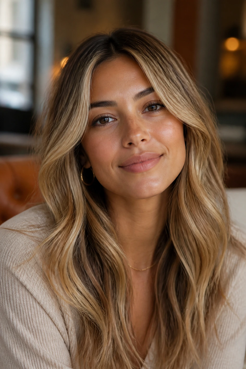 Portrait of a real woman with dimensional honey-blonde waves