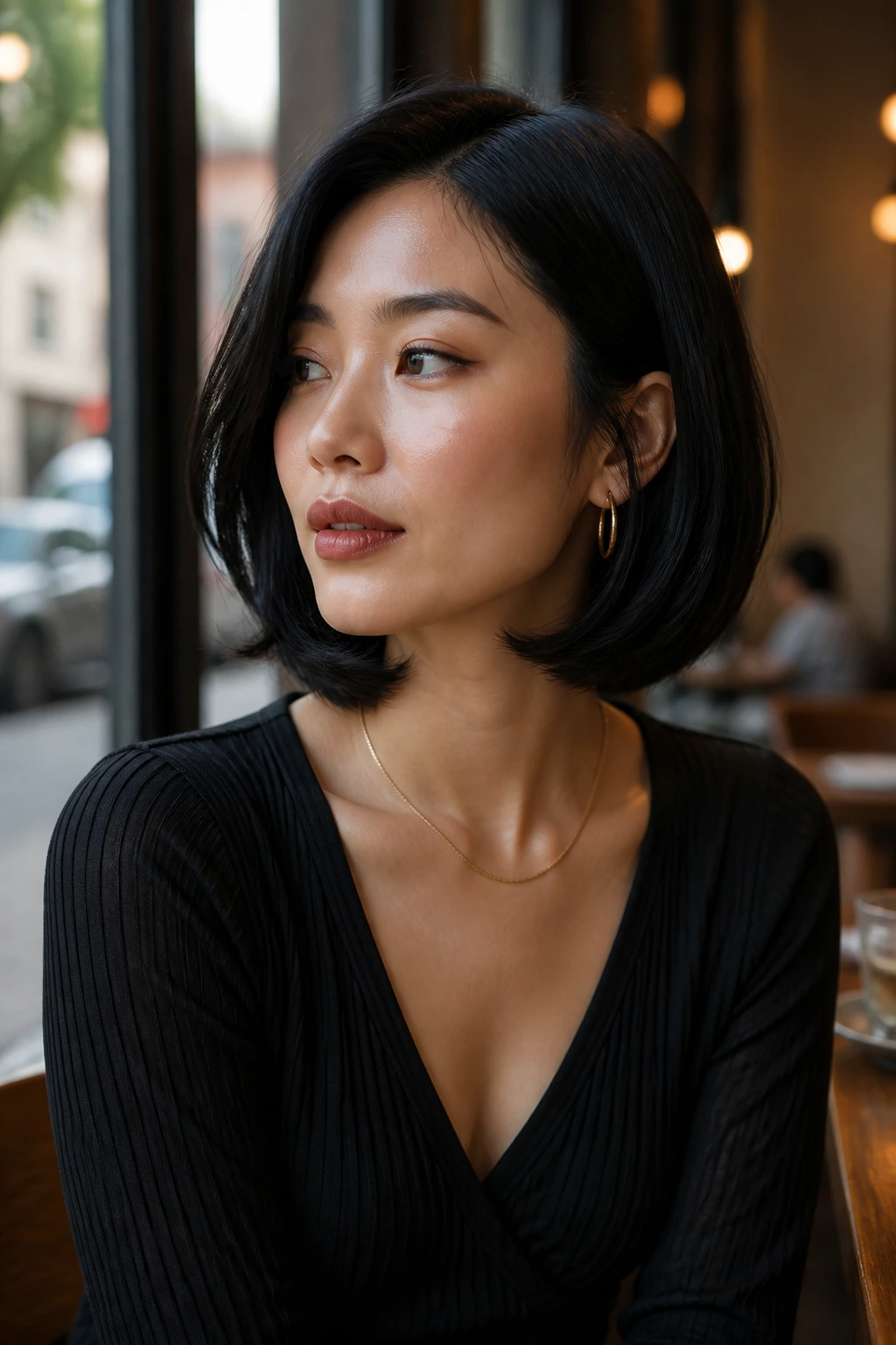 Portrait of a real woman with a chic bob and fashionable outfit in a cafe setting