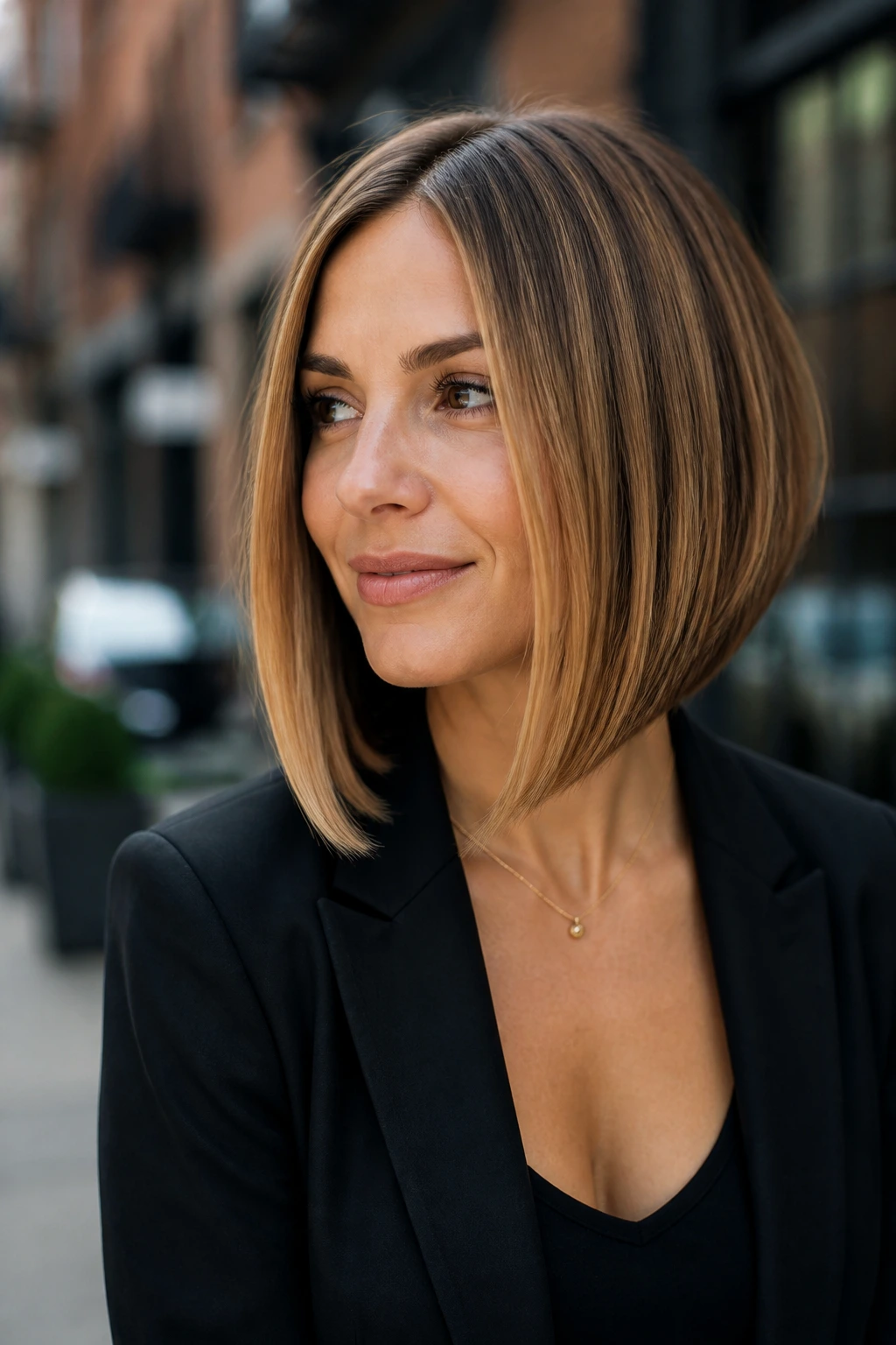 Real-life portrait of a person wearing a long front bob outdoors