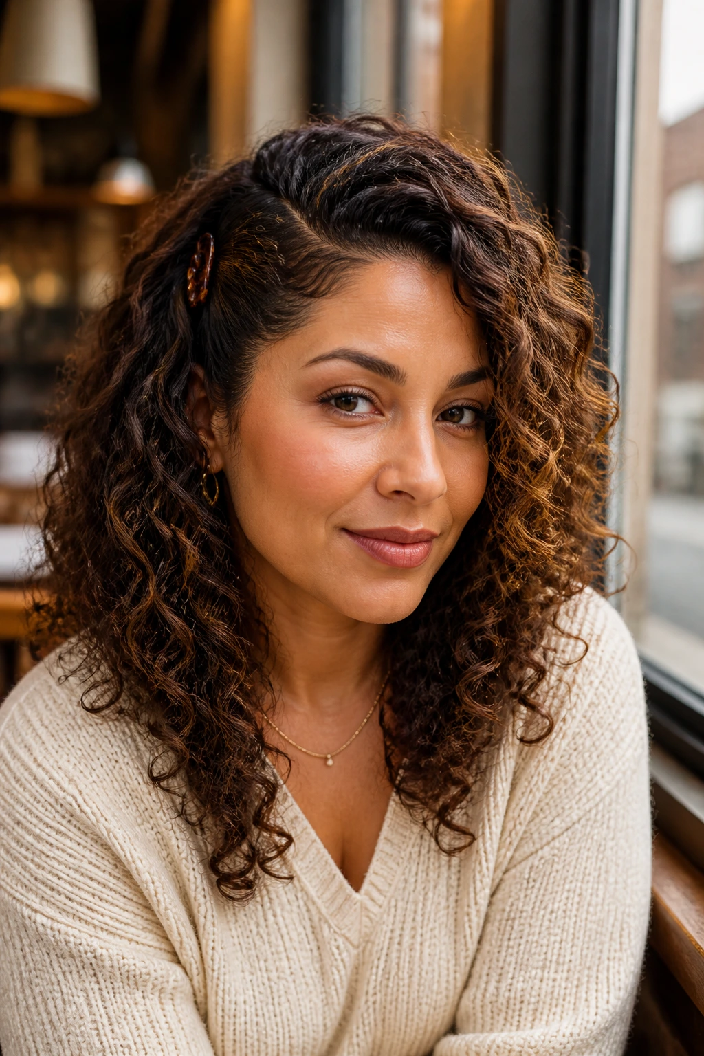 Close-up of a real person wearing a side-swept curl style with a clip