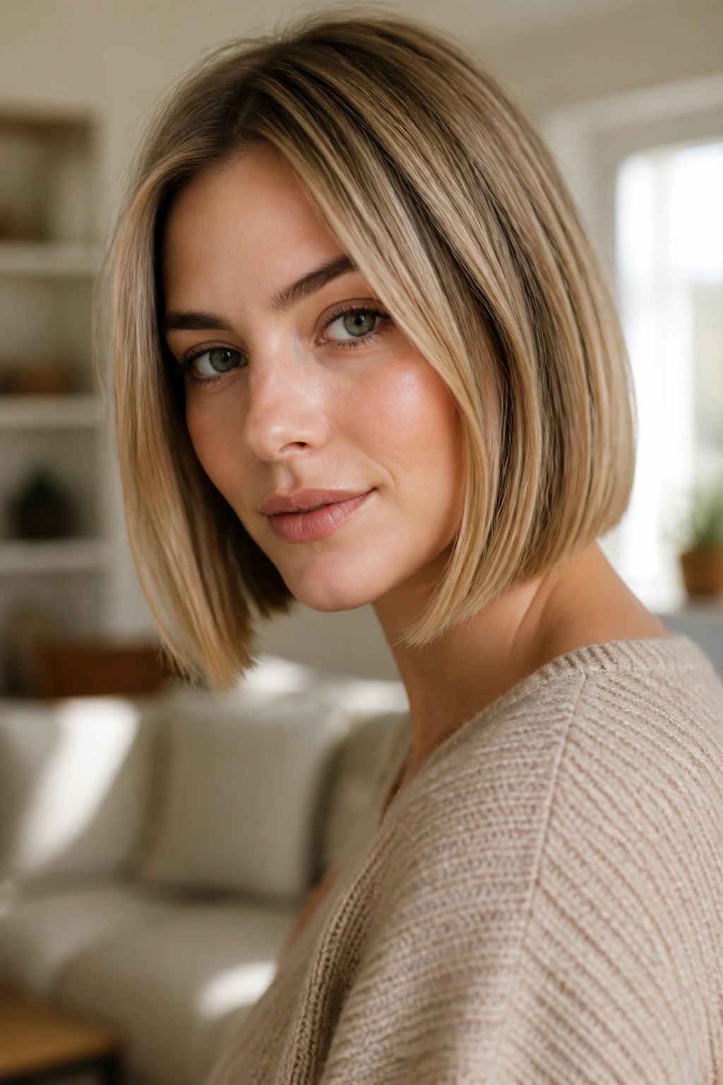 Portrait of a real woman with a dark blonde bob and subtle lowlights