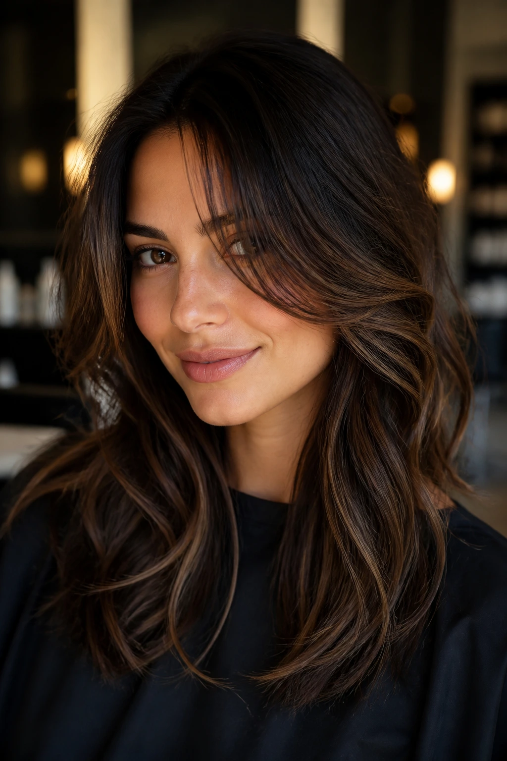 Close-up of brunette with wearable face-framing highlights at the front hairline