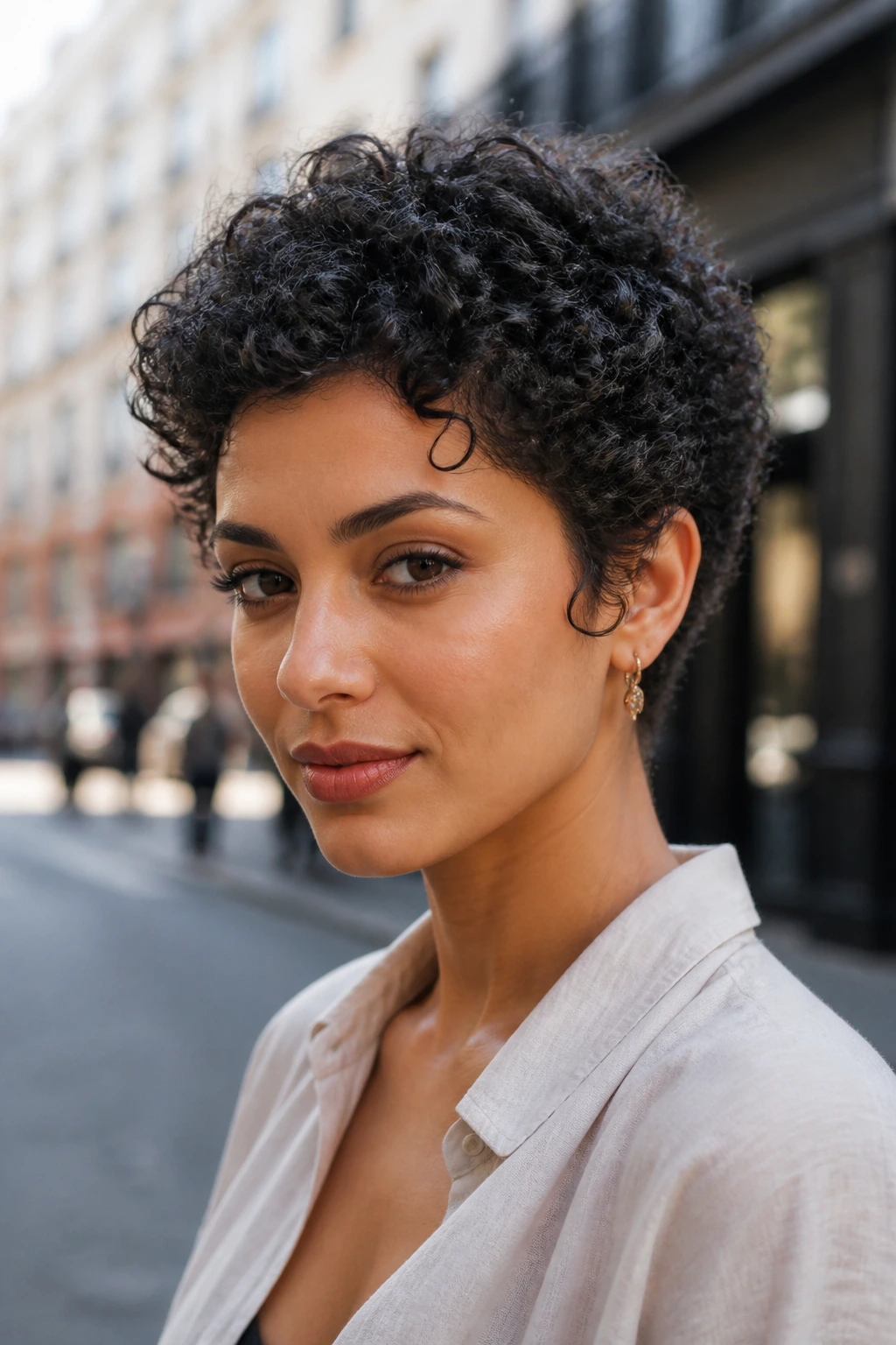 Portrait of a woman with wearable short curls in daylight outdoors.
