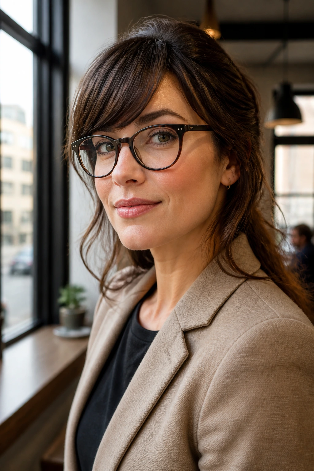Portrait of a woman wearing swoop bangs in a real-life setting