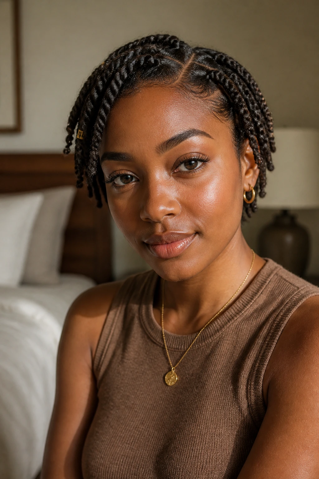 Close-up portrait of an oval-faced person wearing a wearable twist hairstyle in natural window light