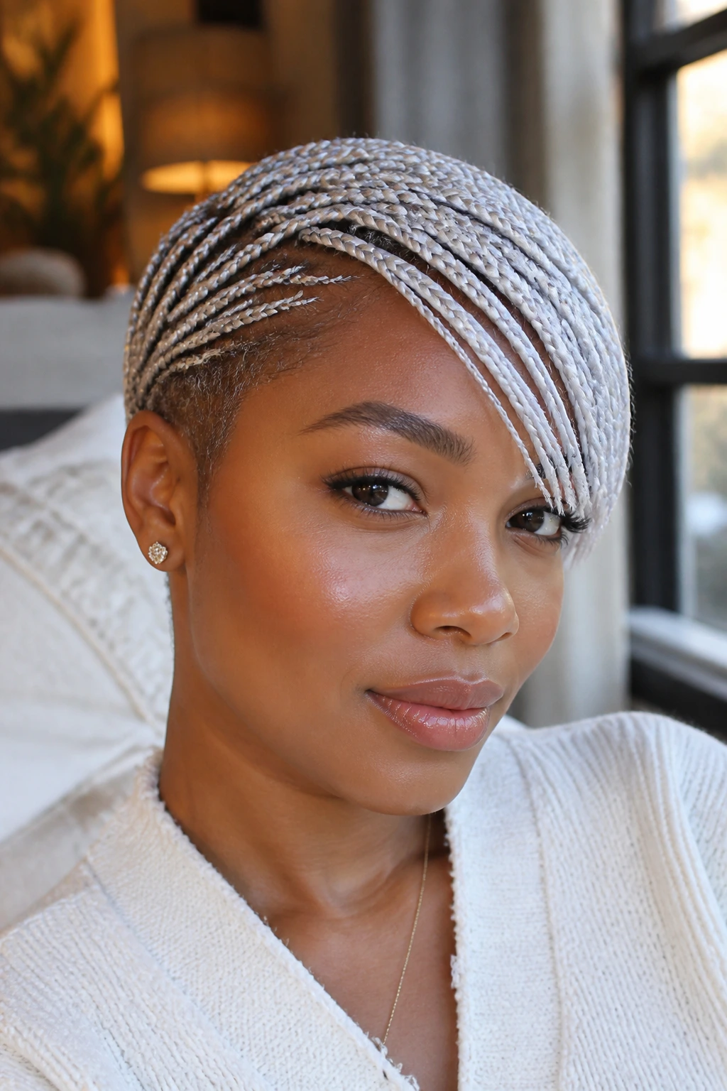 Close-up portrait of a real woman with white braids and side-swept bang wearing minimal accessories