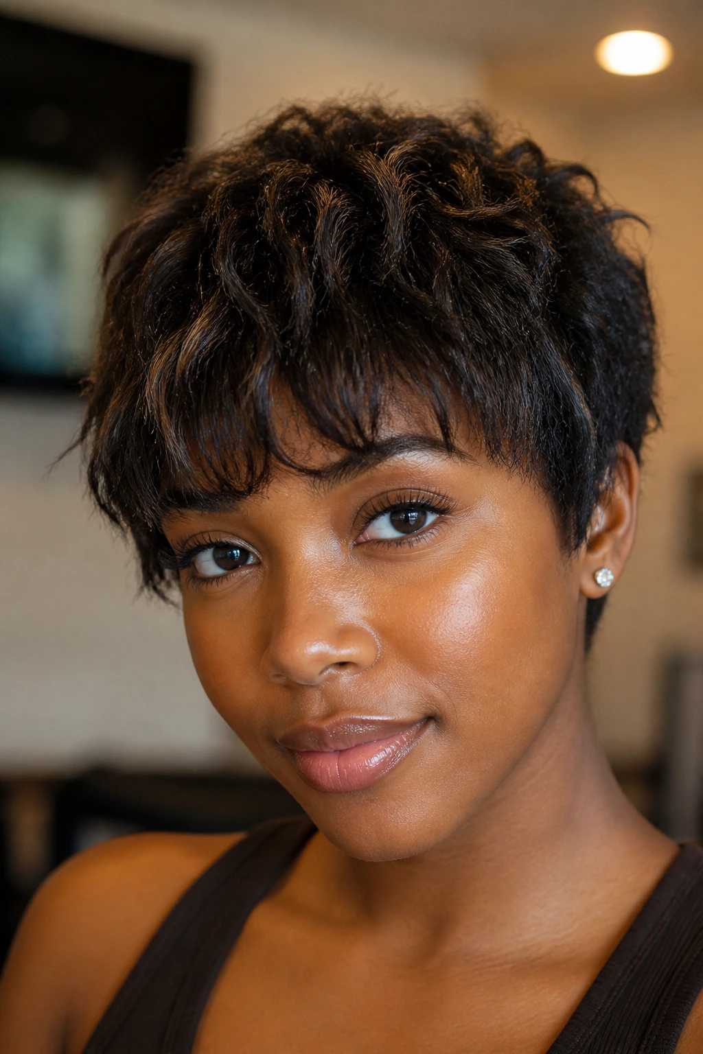 Close-up of a real person wearing weave bangs with natural lowlights