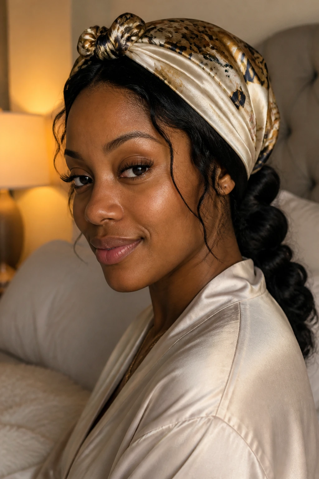 Close-up of a real woman with a wavy weave under a silk night scarf for maintenance
