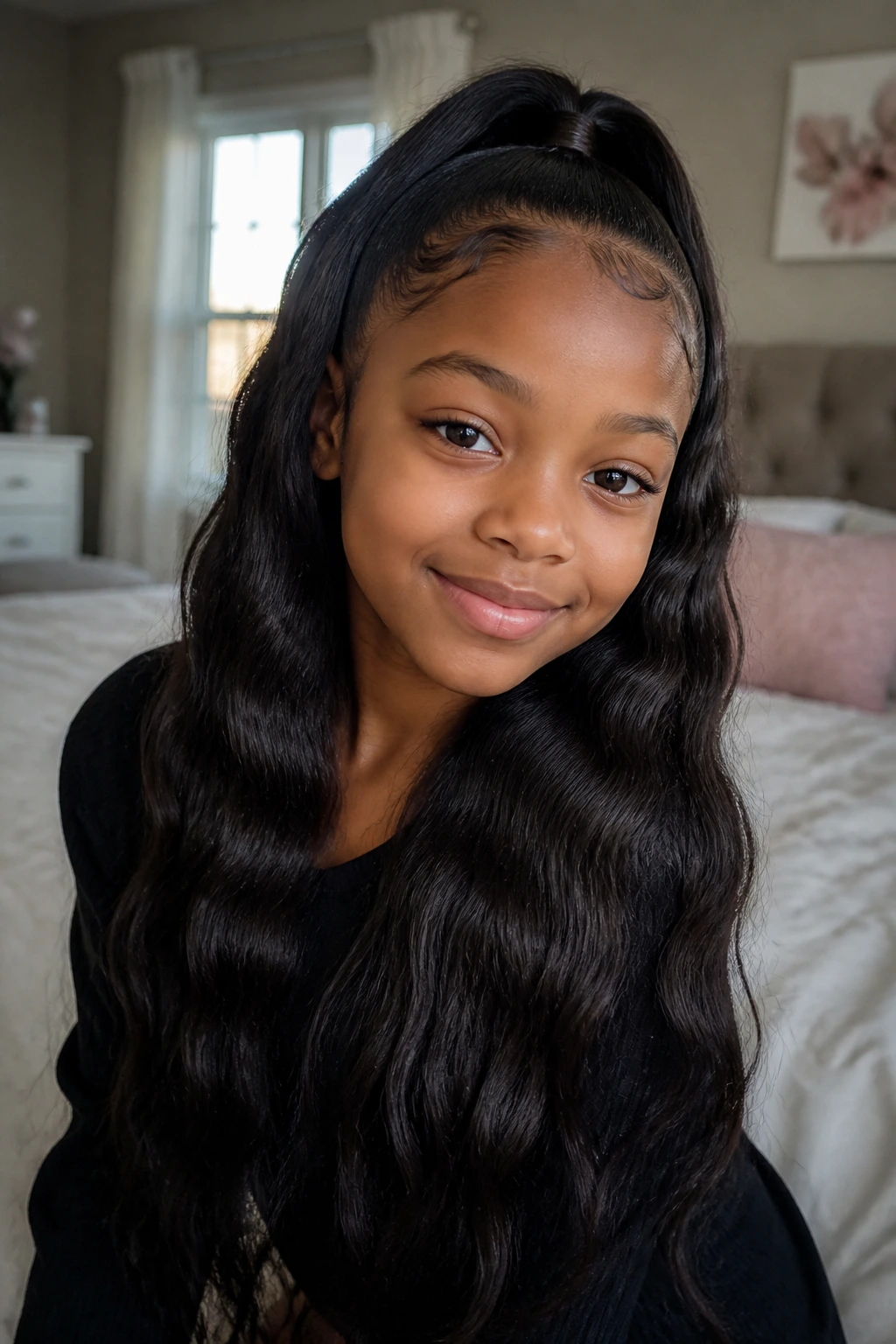 Close-up of a girl with thick hair and a long weave in a cozy bedroom