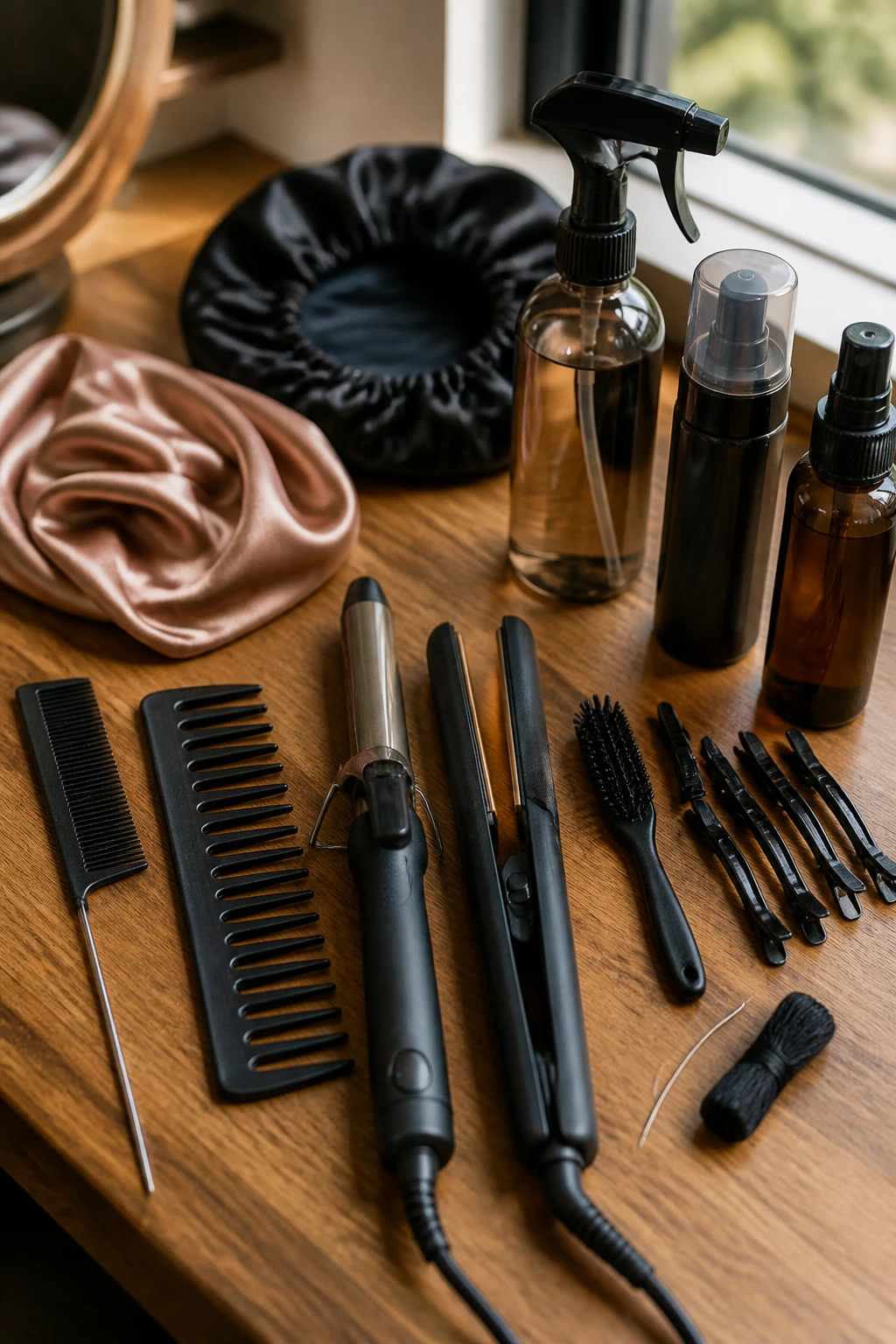 Close-up of essential weaving tools on a vanity