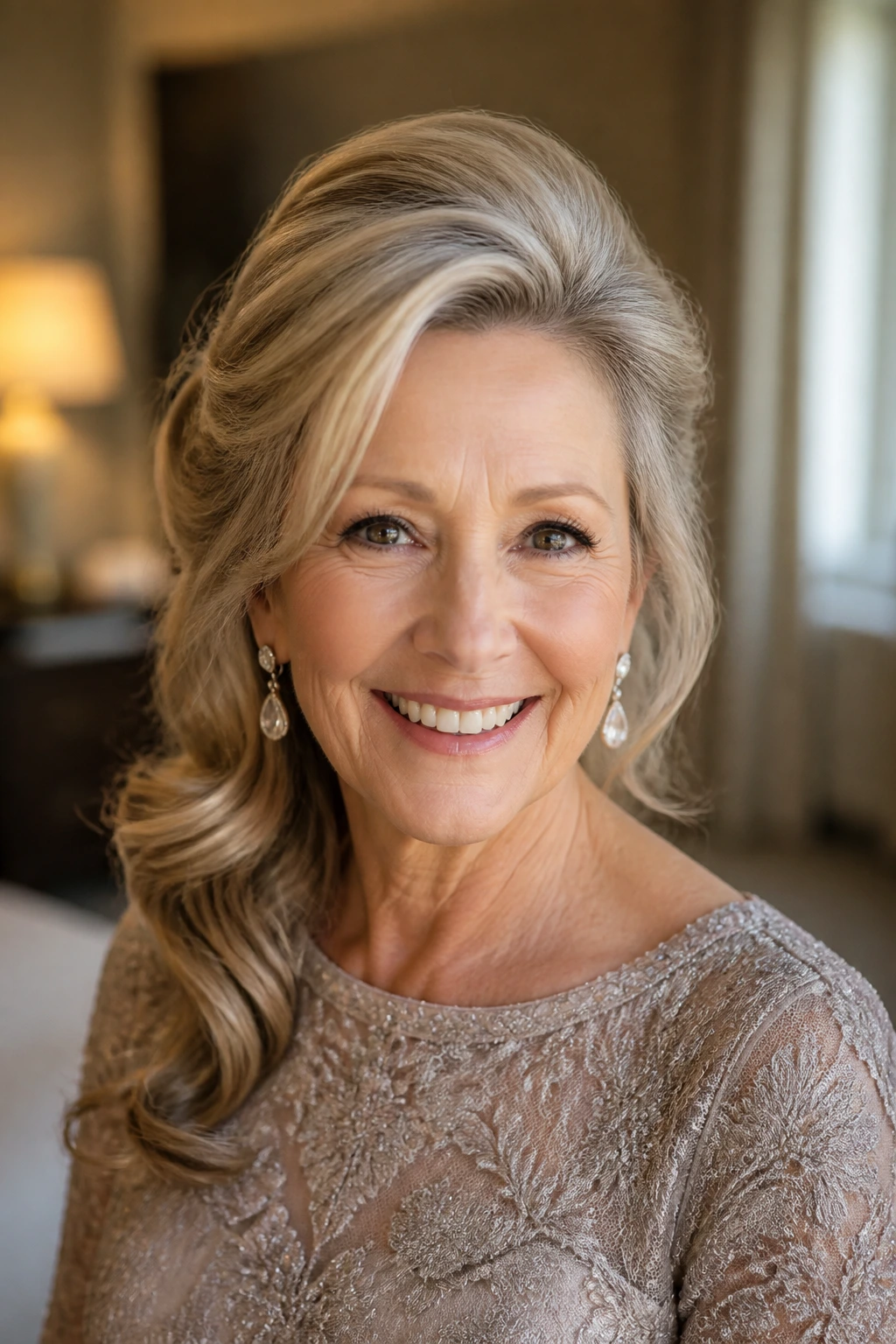 Portrait of a real woman with crown lift and side-swept waves for durable wedding day hair