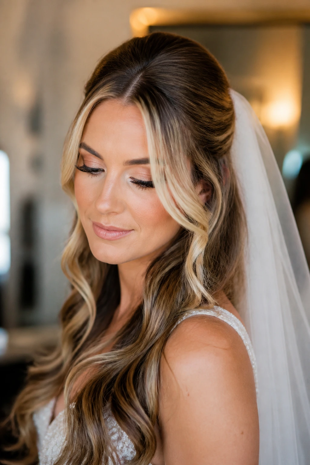 Bride wearing a half-up style with money piece front and veil