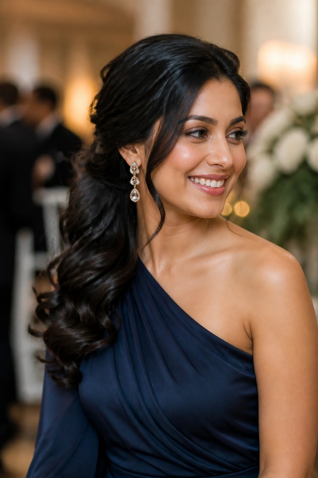 Wedding guest hairstyle matching dress in a venue backdrop