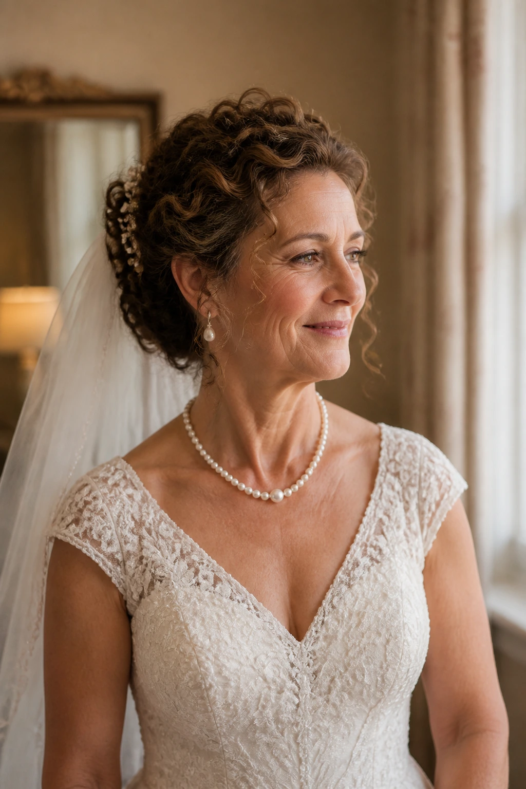 Portrait of a real woman in a wedding dress with veil and elegant updo