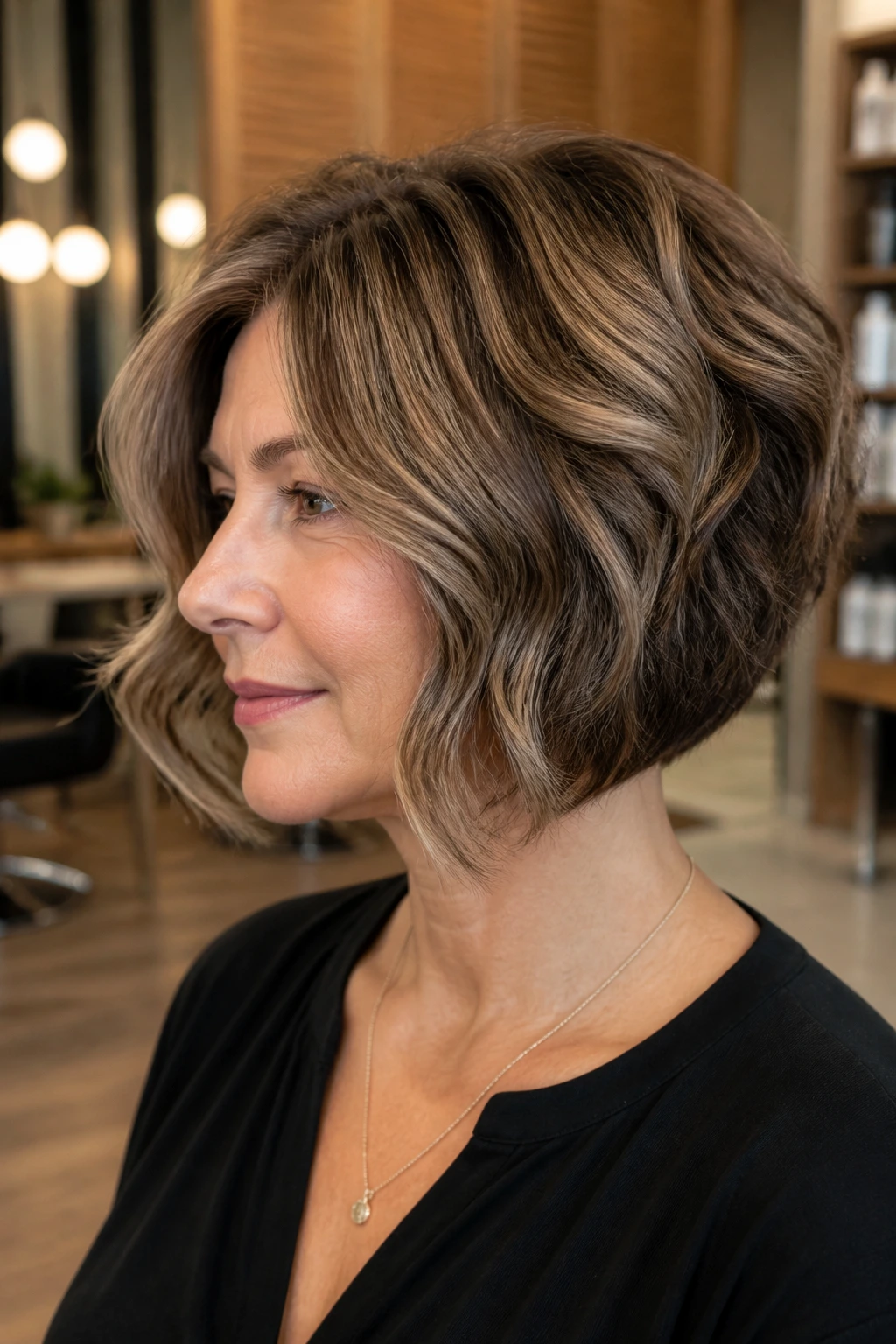 Real woman with wedge-inspired angled bob, pronounced back shape and front slope