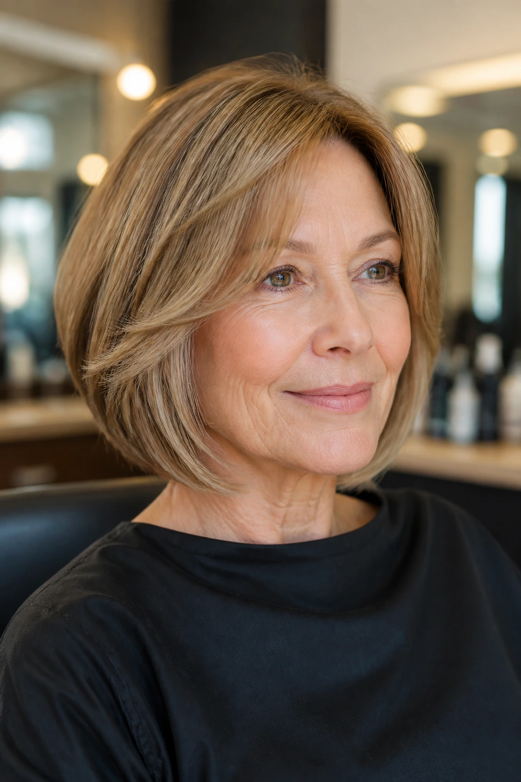 Real woman with wedge bob and smooth front sweep in warm lighting