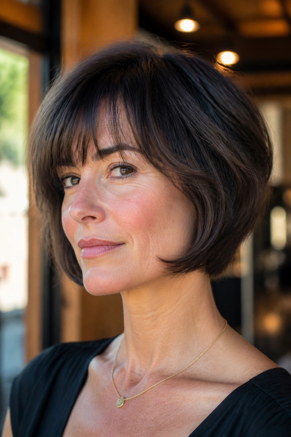 Close-up portrait of a real woman with a wedge bob and flipped bangs in warm salon light