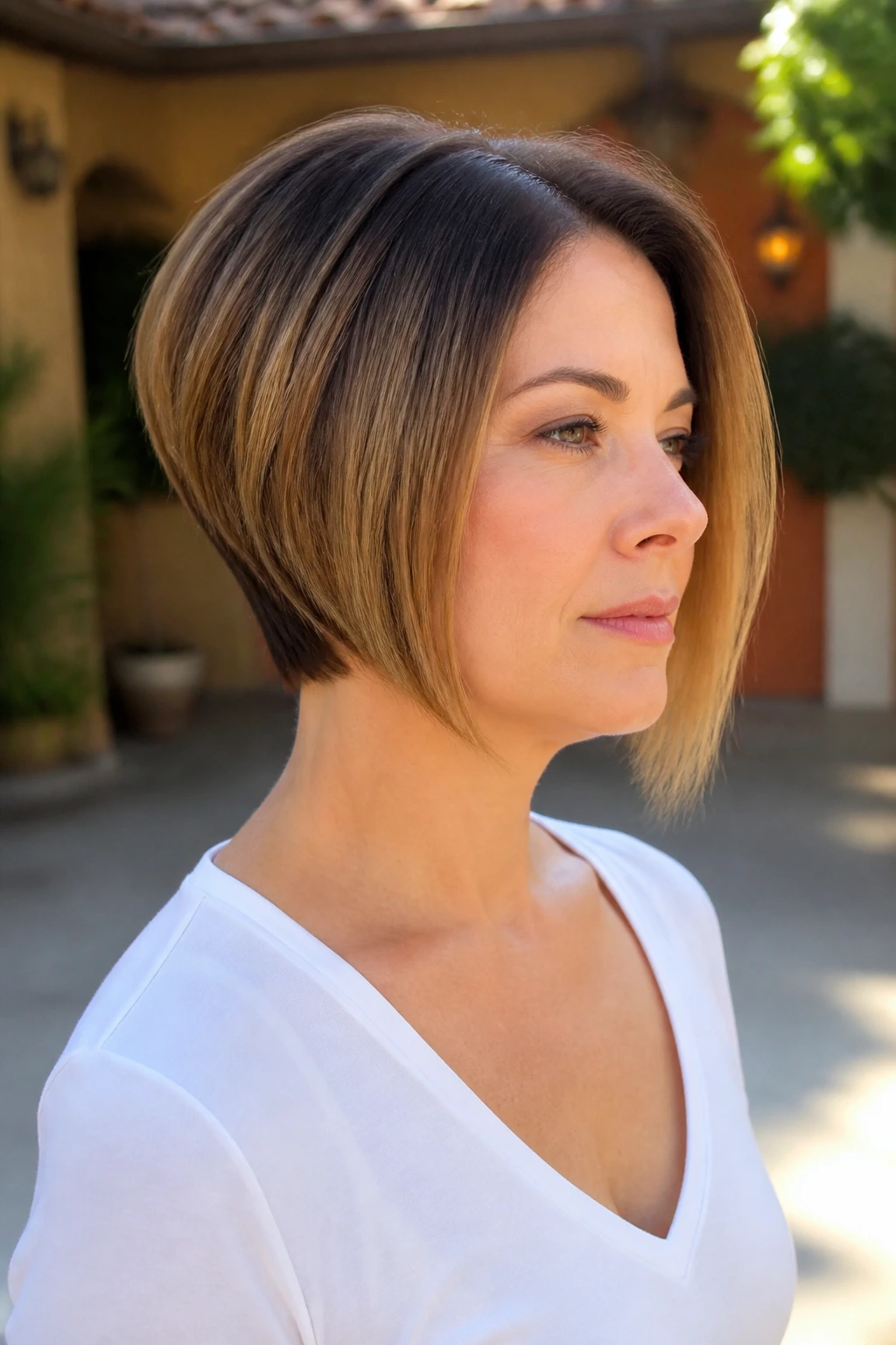 Side-profile of real woman with Wedge Bob showing back lift and front length