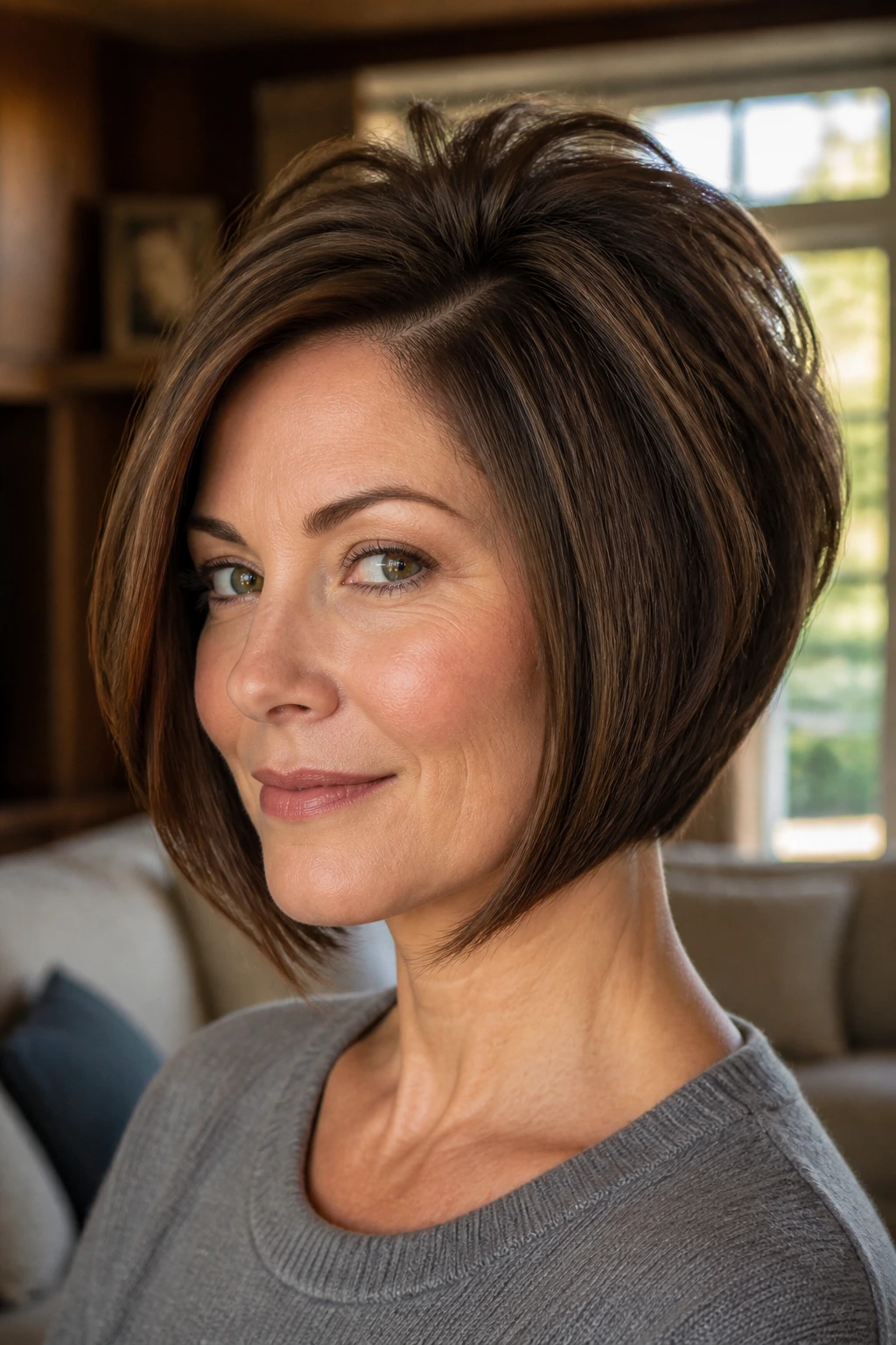 Close-up of a real woman with wedge bob and lifted crown, natural window light