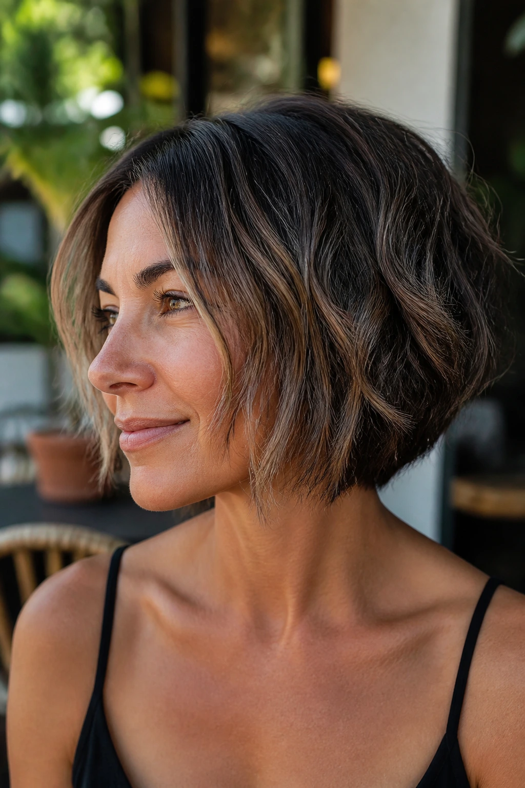 Three-quarter portrait of a real woman with wedge bob and textured, lived-in finish