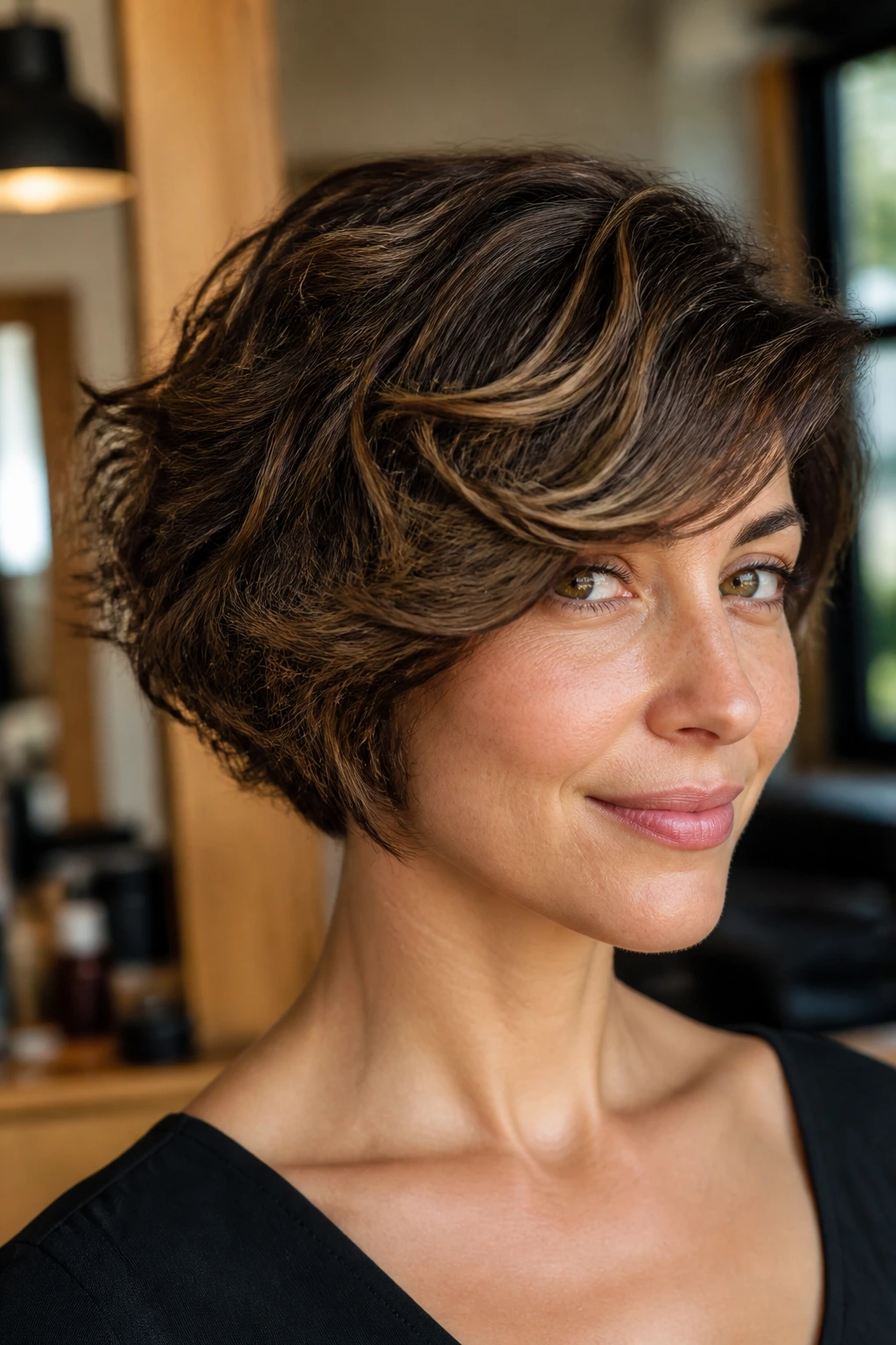 Close-up of a wedge bob with sculpted side sweep on a curly-haired real woman