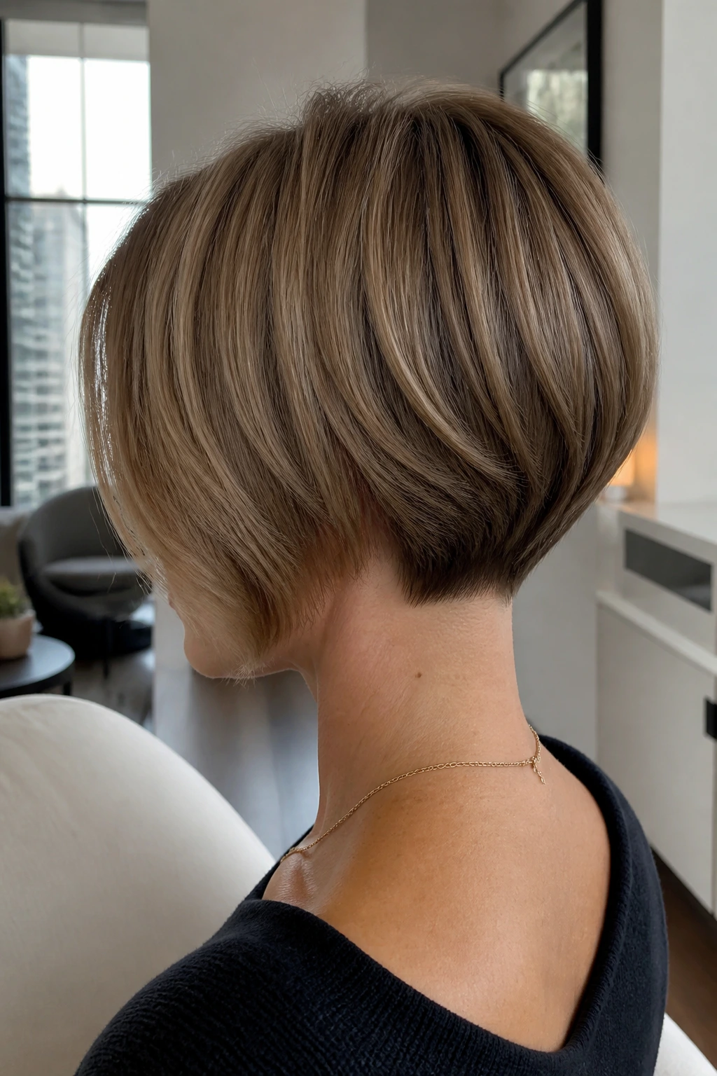 Back view of a real woman with a wedge bob, short tucked nape and strong back line.