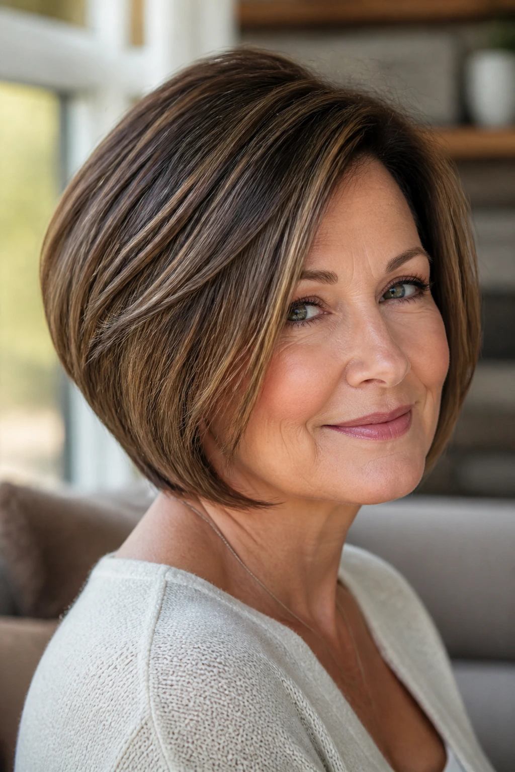 Close-up portrait of a real woman with a soft-edged modern wedge bob in natural light