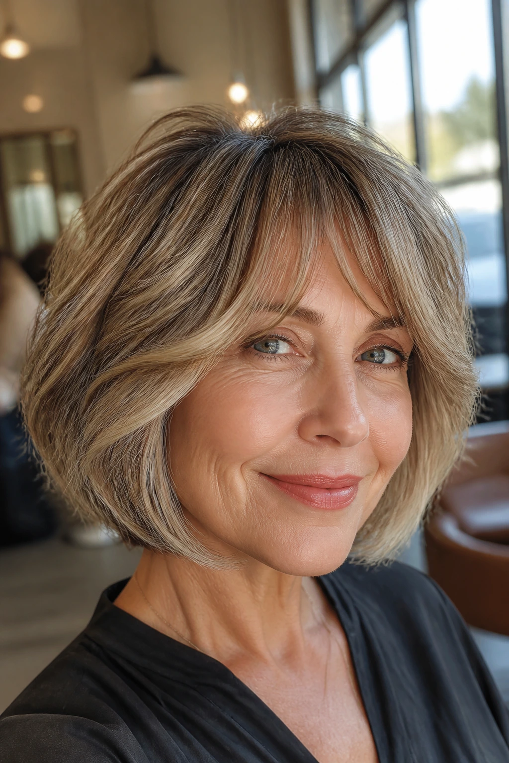 Close-up of a real woman with a soft-textured wedge bob and curtain bangs in warm salon light