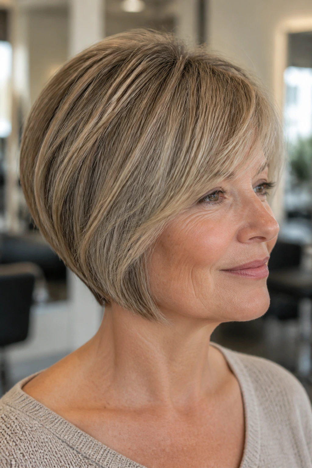 Close-up of a real woman showing a wedge bob with gentle stack