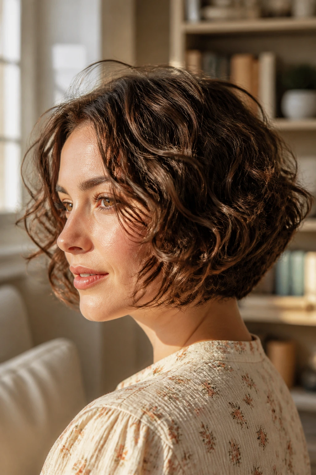 Close-up portrait of a real woman with The Wedge Bob with Texture showing wedge back and textured curls
