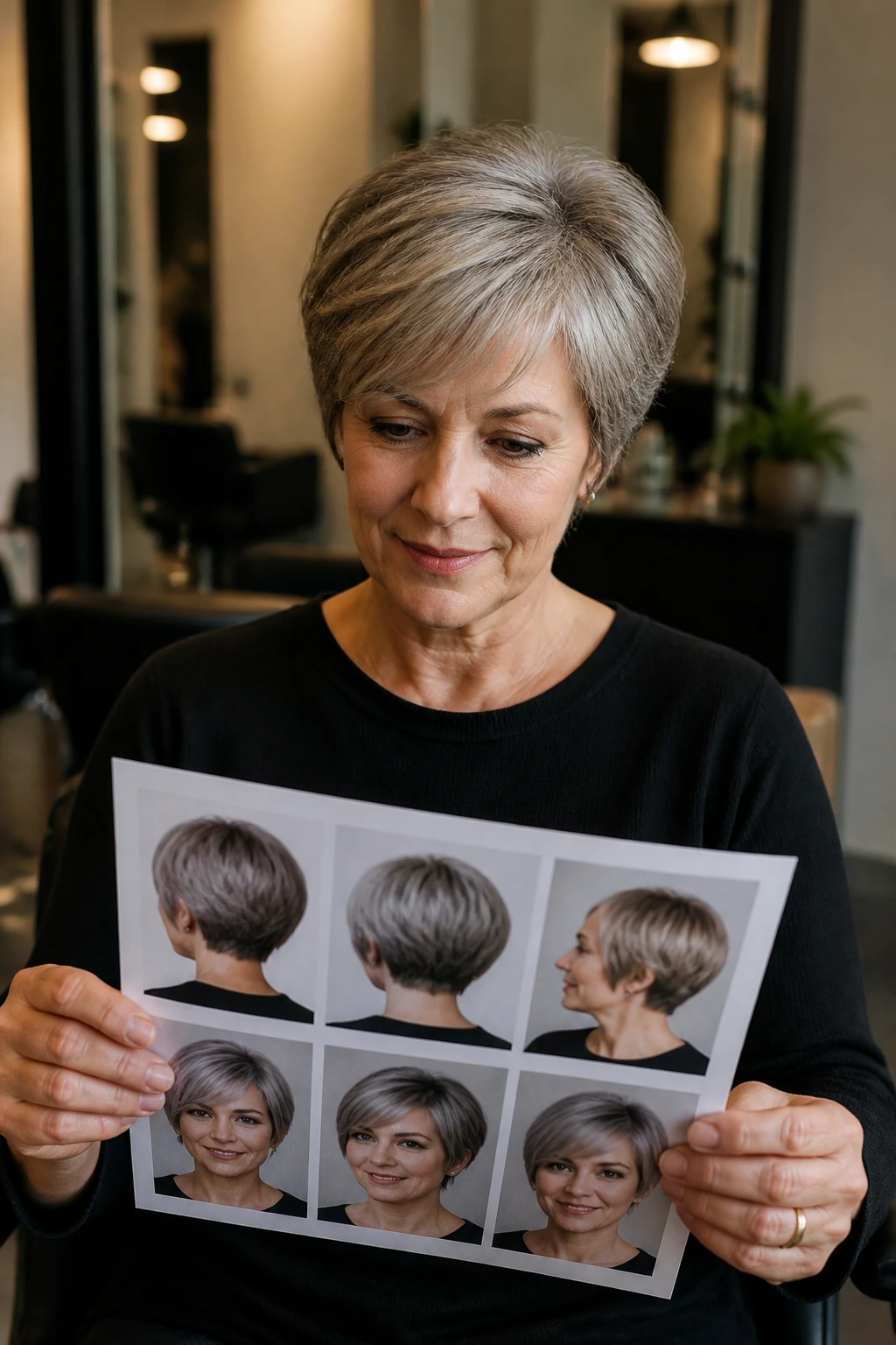 Woman in salon reviewing wedge haircut photos