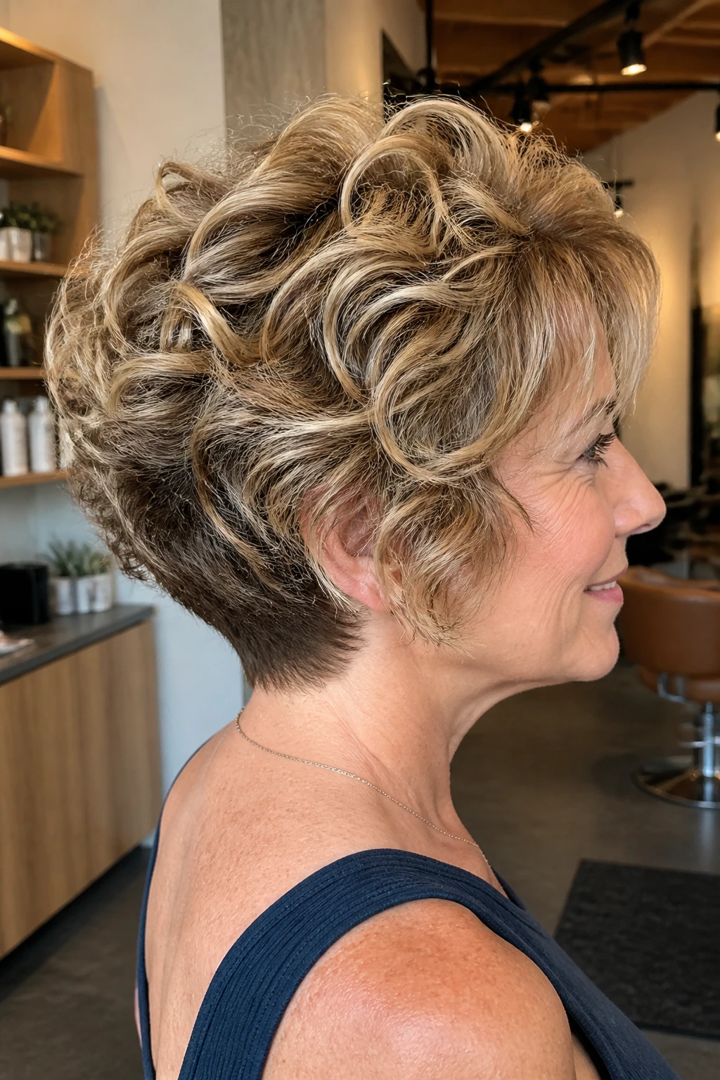 Portrait of a real woman with wedge-inspired cut and crown lift in a bright salon