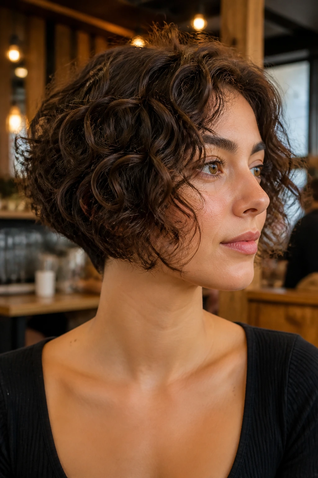 Real woman with wedge-inspired curly bob in a stylish cafe