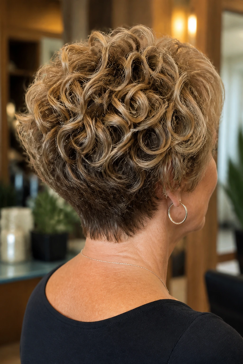 Rear portrait showing wedge cut with curl-defined back shape on a real person