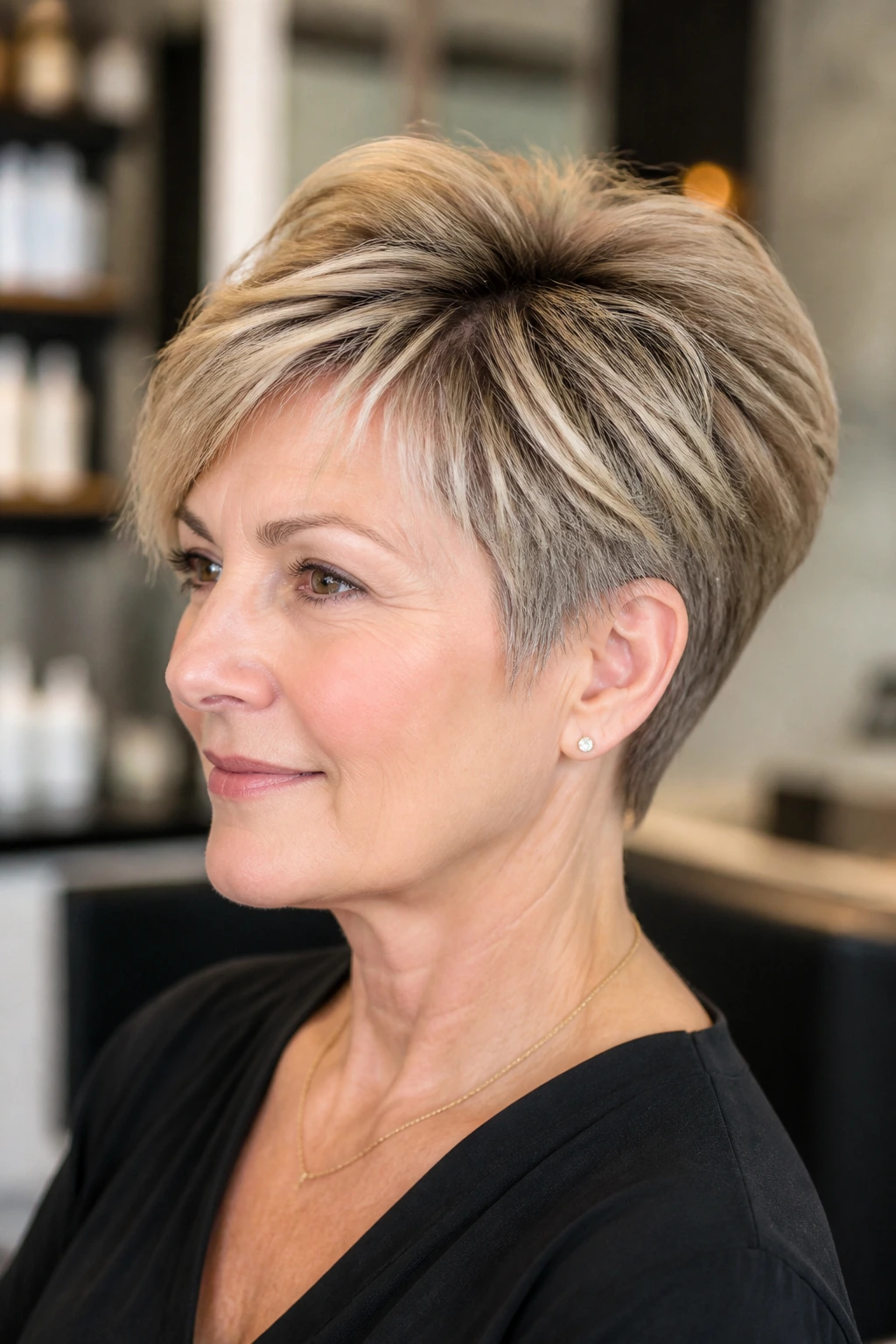 Real woman with wedge cut showing crown lift for round/pear face