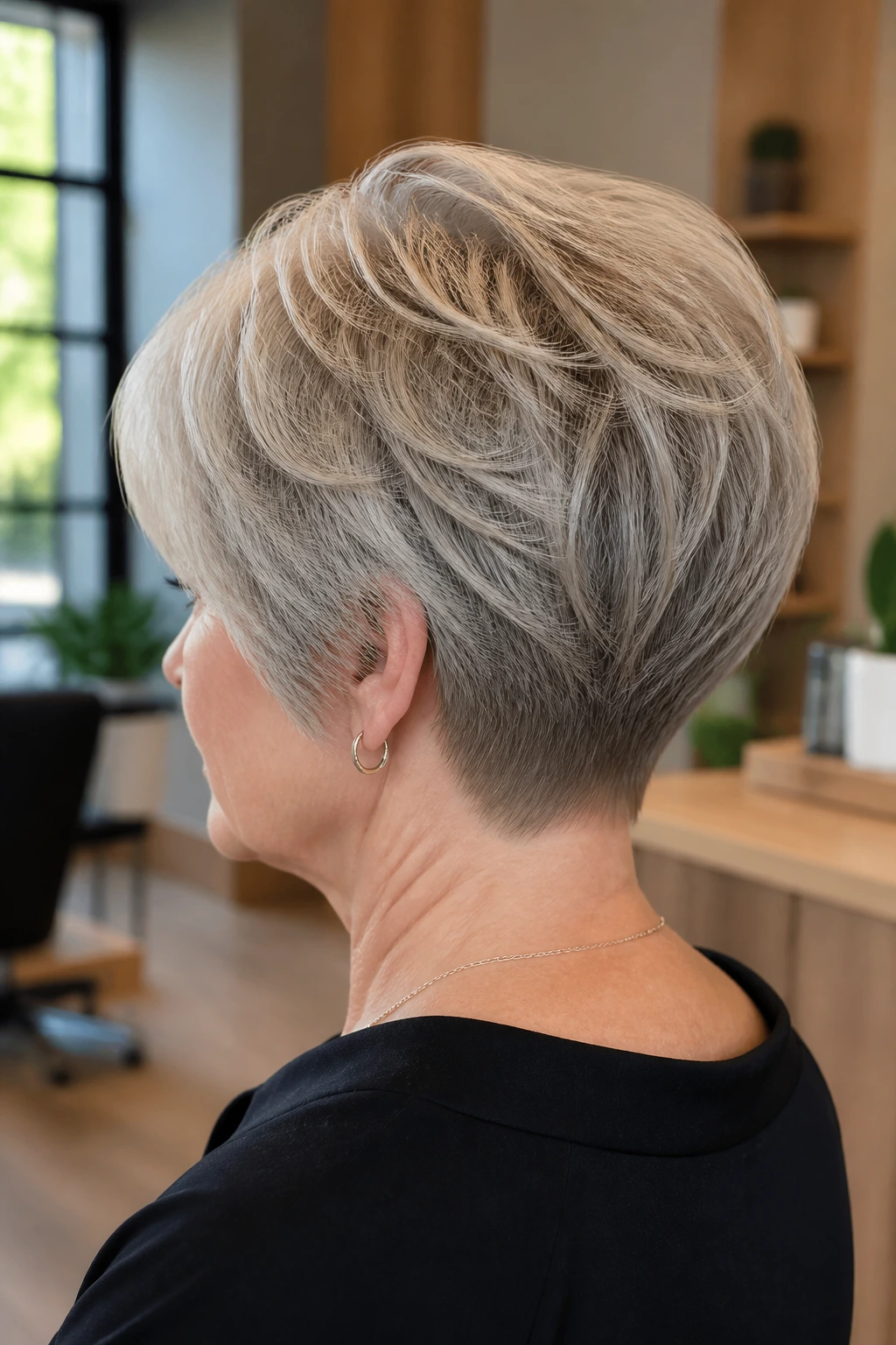 Three-quarter back view of a real woman with wedge cut and soft nape taper