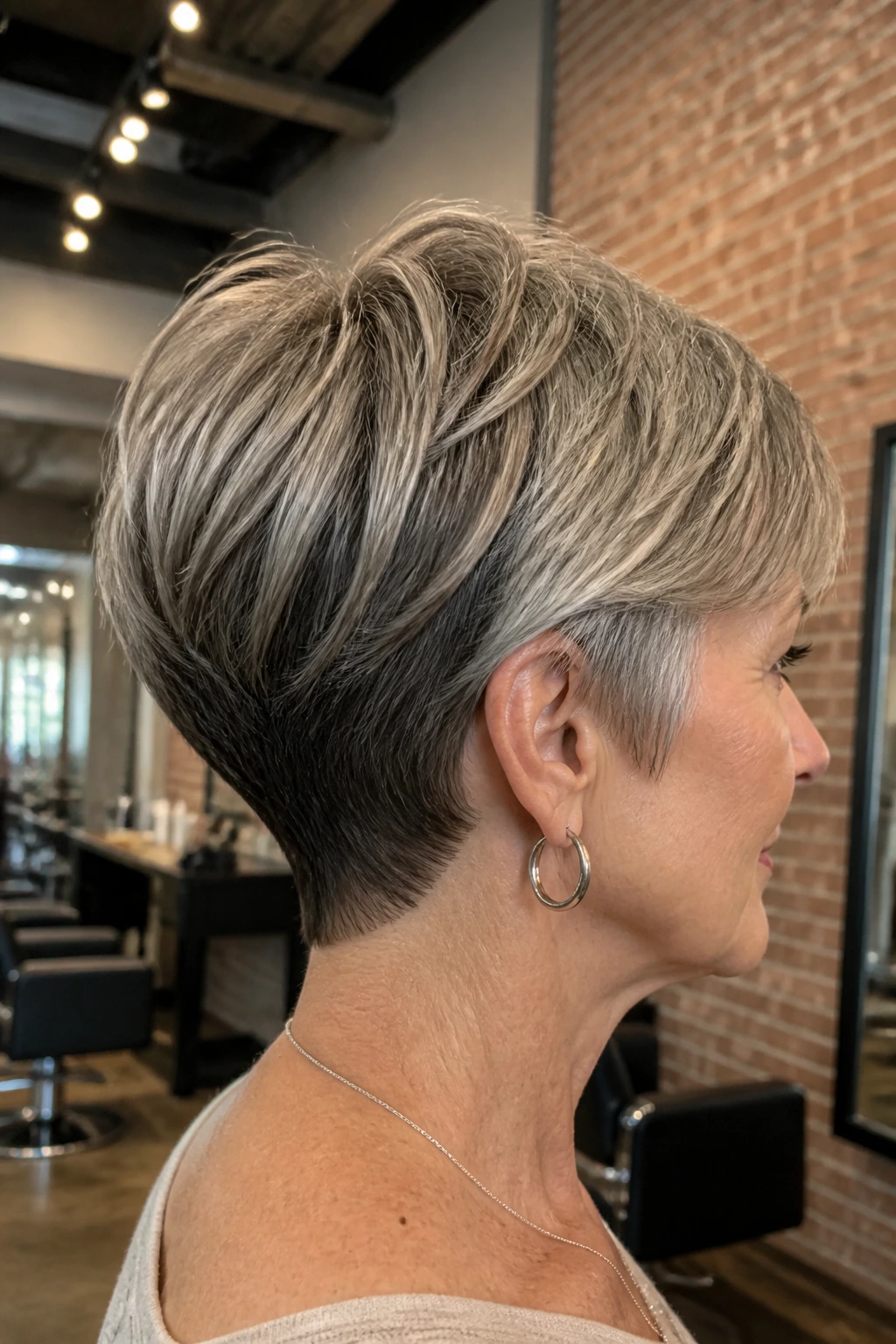 Portrait of person with wedge cut showing nape and crown lift