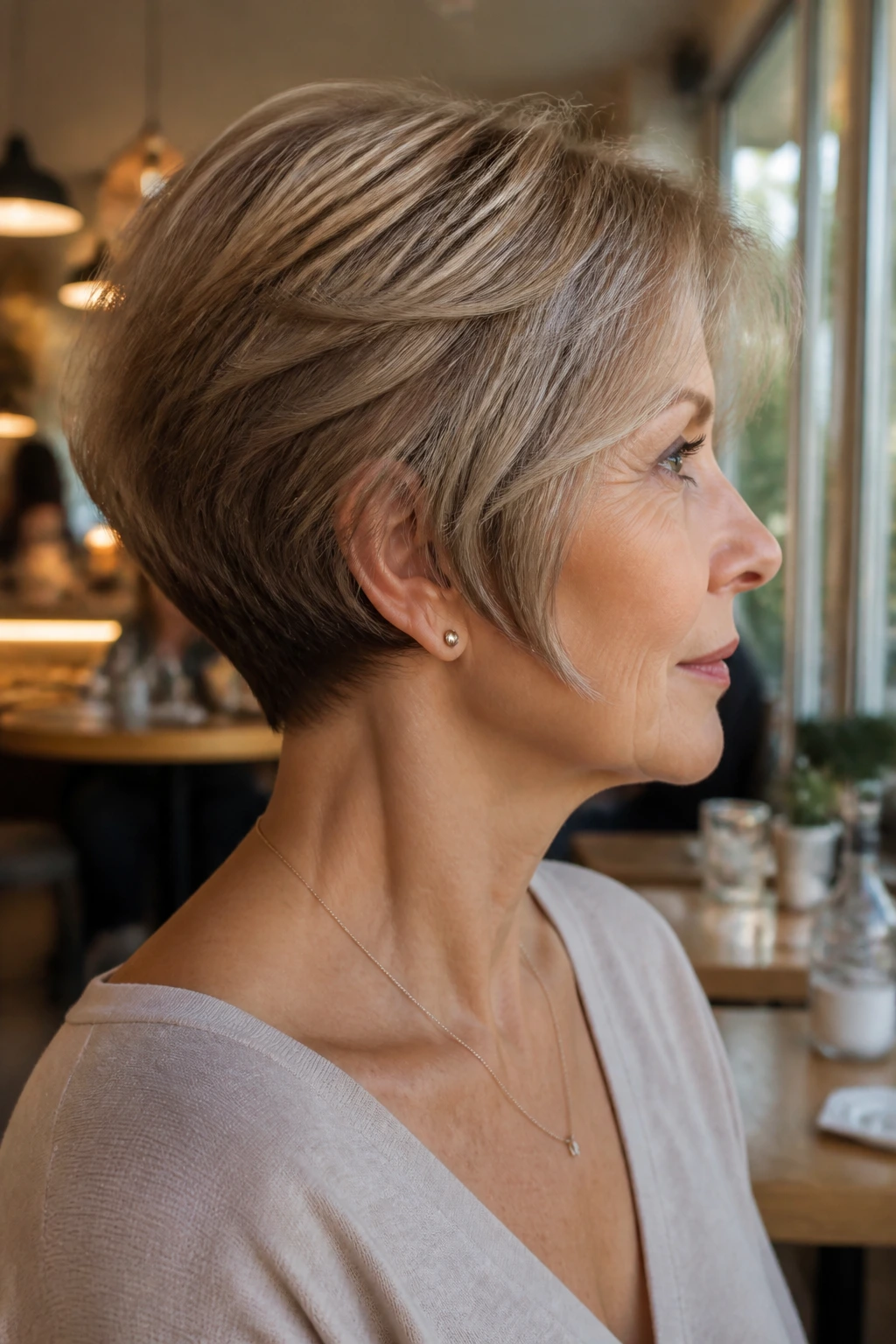 Side-profile portrait of a real woman with wedge cut and gentle curve