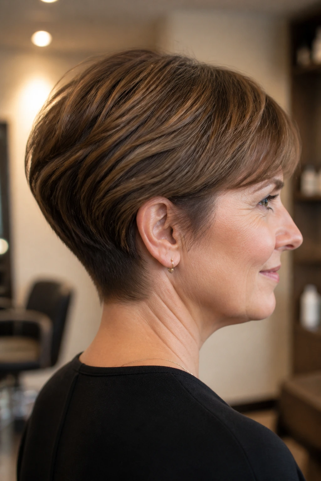 Close-up of a real woman with a wedge cut and softly tapered neck.