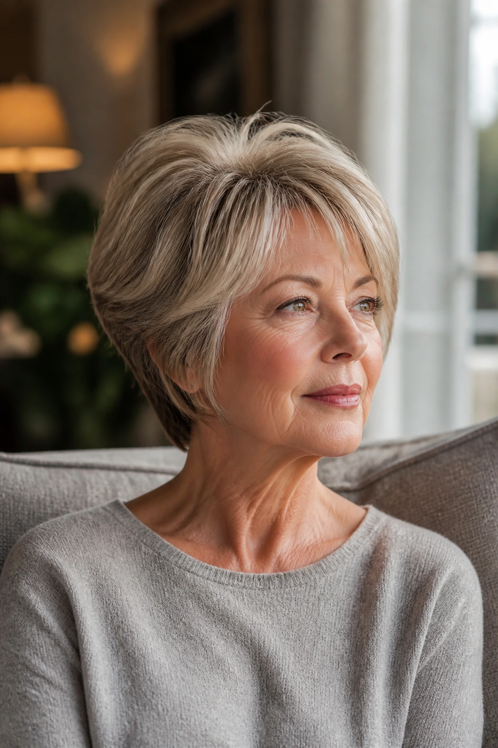 Close-up of a real woman with a wedge haircut featuring crown lift and soft face-framing layers