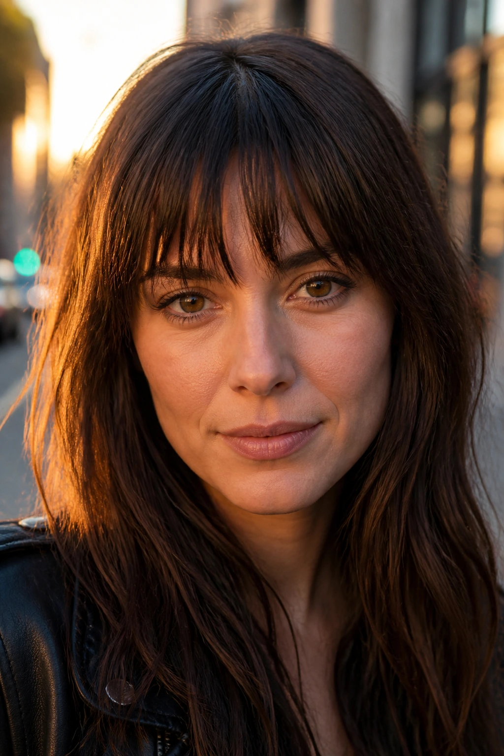 Real person with wedge-shaped fringe hitting the brows in golden hour light.