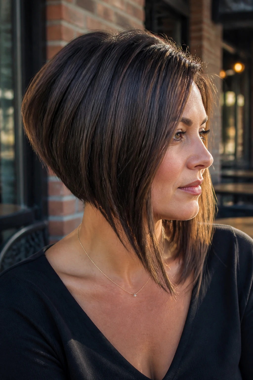 Portrait of a real woman with a wedge-inspired graduated bob and strong back stack