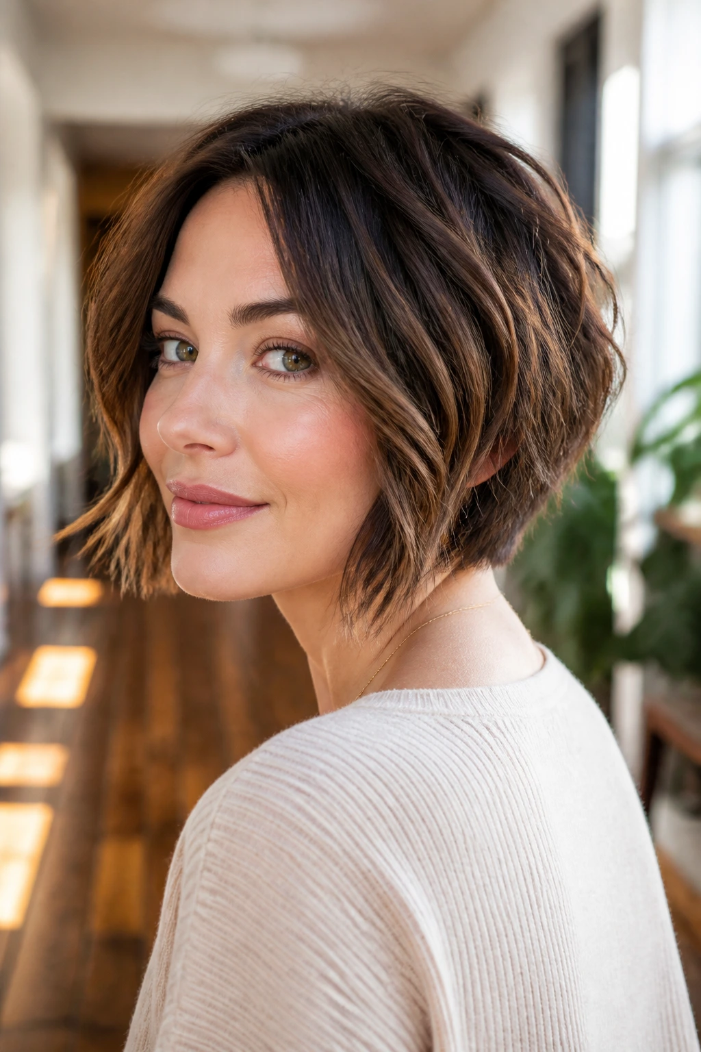 Portrait of a real person with wedge-inspired choppy bob showing longer front