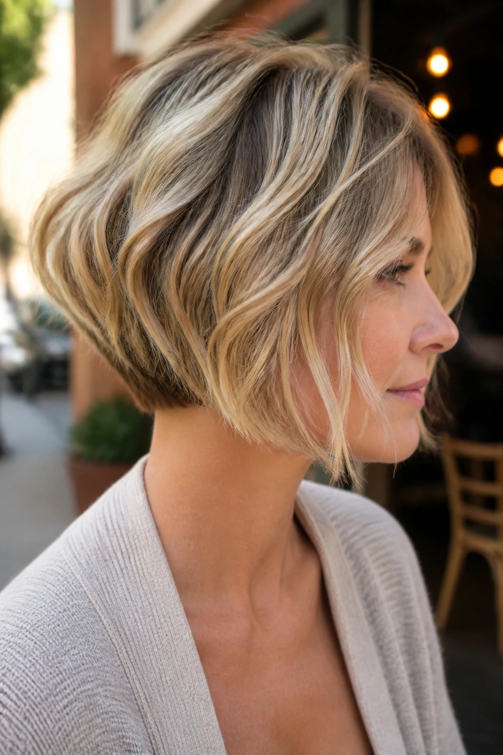 Close-up portrait of a real woman with a wedge-inspired stack and beachy waves.