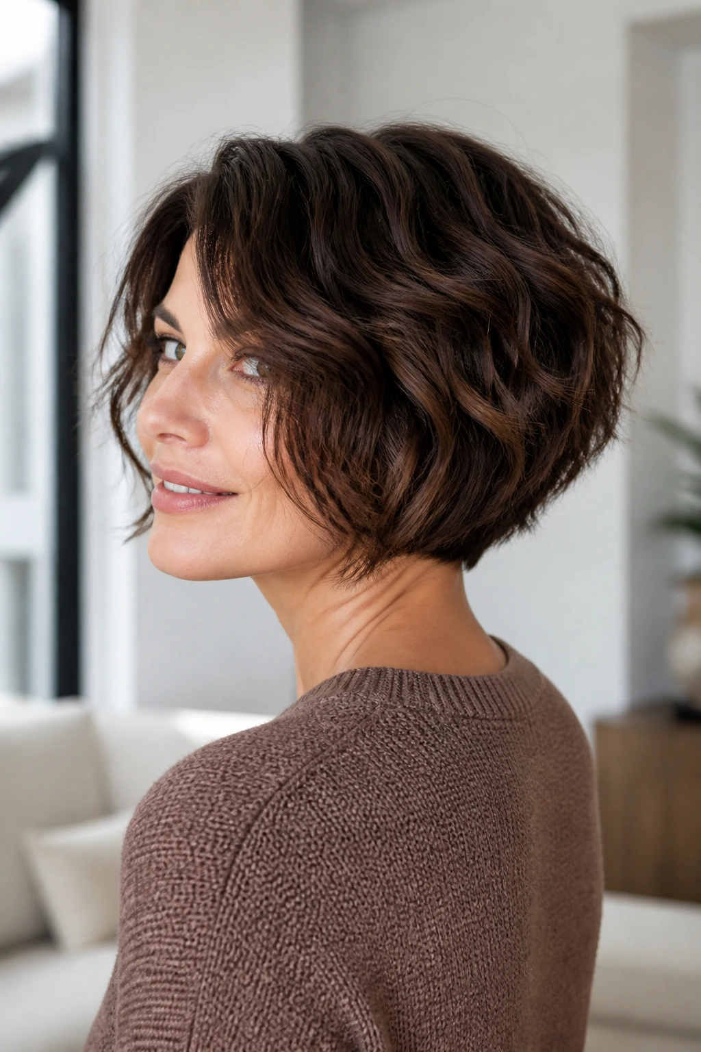 Close-up portrait of a real woman with a wedge-inspired stacked bob