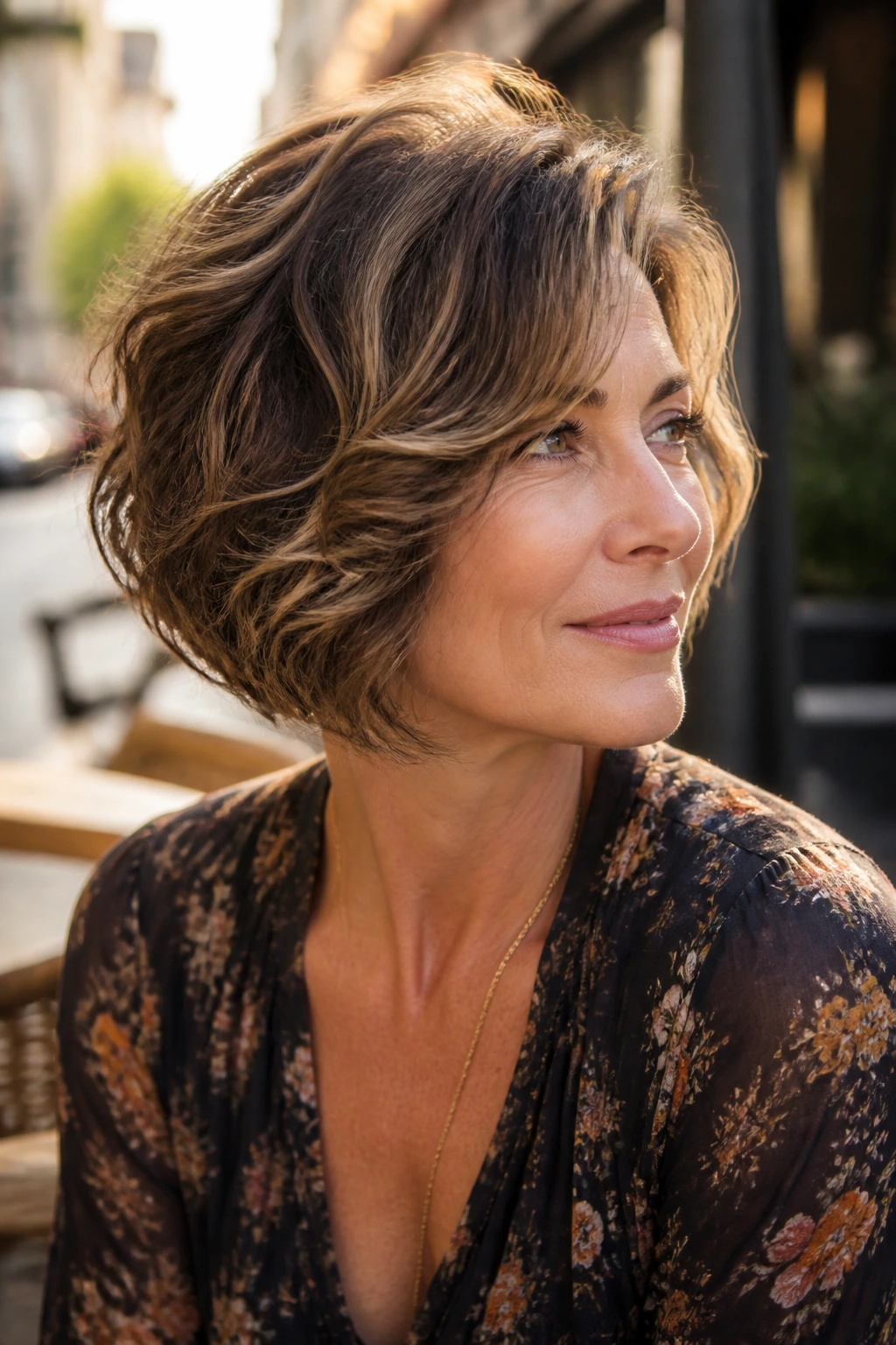 Close-up portrait of a real woman with wedge-inspired bob and modern waves