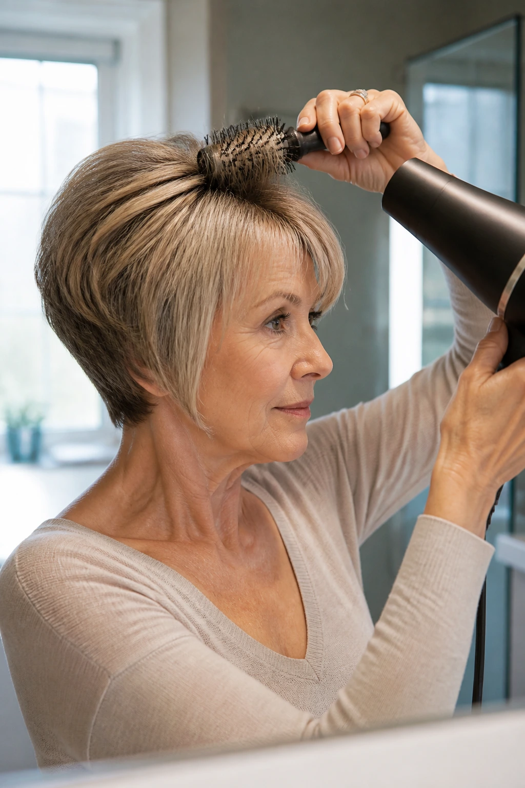 Woman styling wedge at home to maintain shape