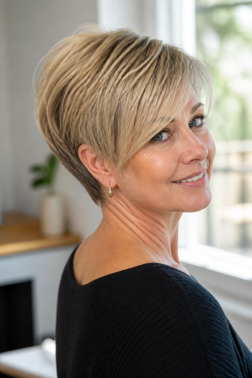 Portrait of a real person with wedge-inspired pixie crop showing stacked back and longer front