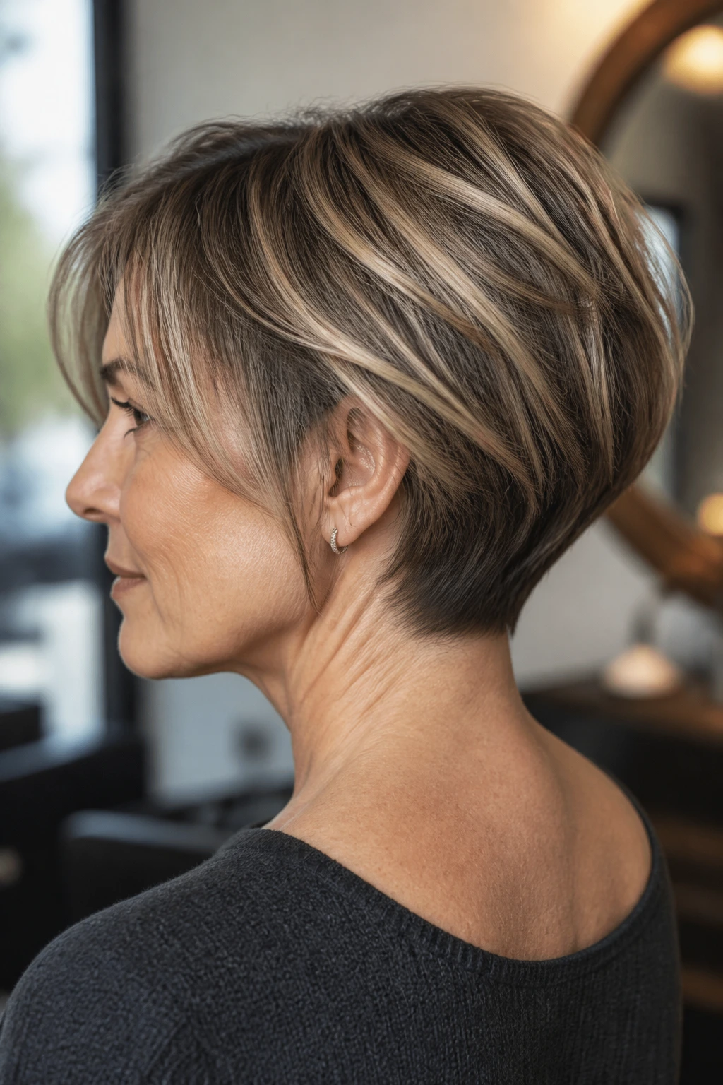 Portrait of a real woman with wedge stack and tapered nape in a chic salon